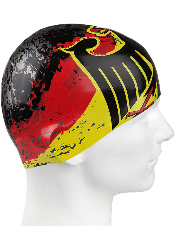 MAD WAVE SILICONE SWIMCAP GERMANY; schwarz/rot/gelb; Silikon Bademütze